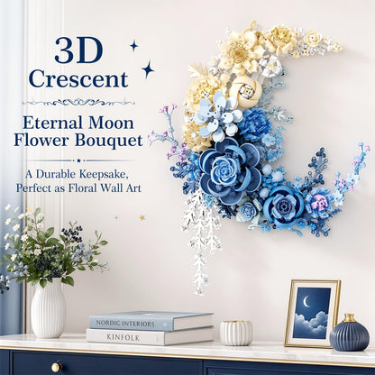 Sahteg 934PCS Blue Moon Flower Building Blocks Kit for Adults, Crescent Moon Botanical Art Display, Artificial Flowers Building Set for Home Décor Wall Art Decoration