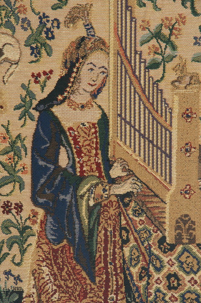 C Charlotte Home Furnishings Inc Lady and the Organ Beige Belgian Tapestry Wall Hanging | Viscose Cotton and Polyester Blend Wall Art | 33 in. x 21 in | Home Decor Accents