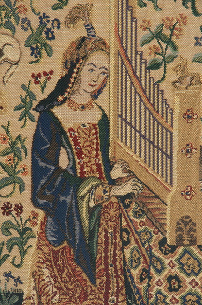 C Charlotte Home Furnishings Inc Lady and the Organ Beige Belgian Tapestry Wall Hanging | Viscose Cotton and Polyester Blend Wall Art | 33 in. x 21 in | Home Decor Accents