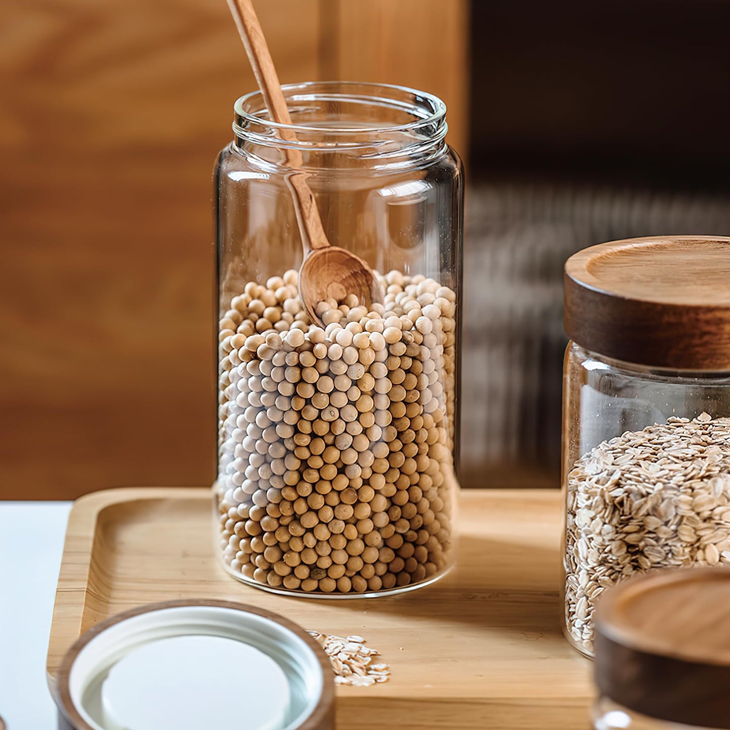 MOLADRI 28 fl oz/850 ml Clear Glass Storage Canister with Airtight Wooden Screw Lid, Medium Cute Decorative Glass Container Jar for Coffee,Candy,Salt,Cookie,Condiment,Pepper,Sugar,Overnight Oatmeal