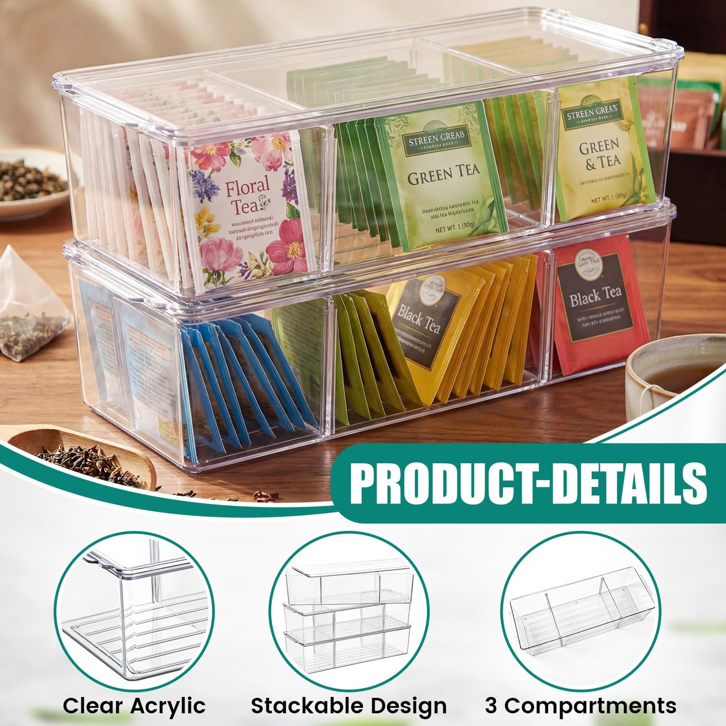 Hoteam 3 Pack Tea Bag Organizer with Lids,Clear Stackable Plastic Tea Bag Storage Organizer for Cabinet Counter Countertop Pantry, Sweeteners (Flip Top,3 Grids)