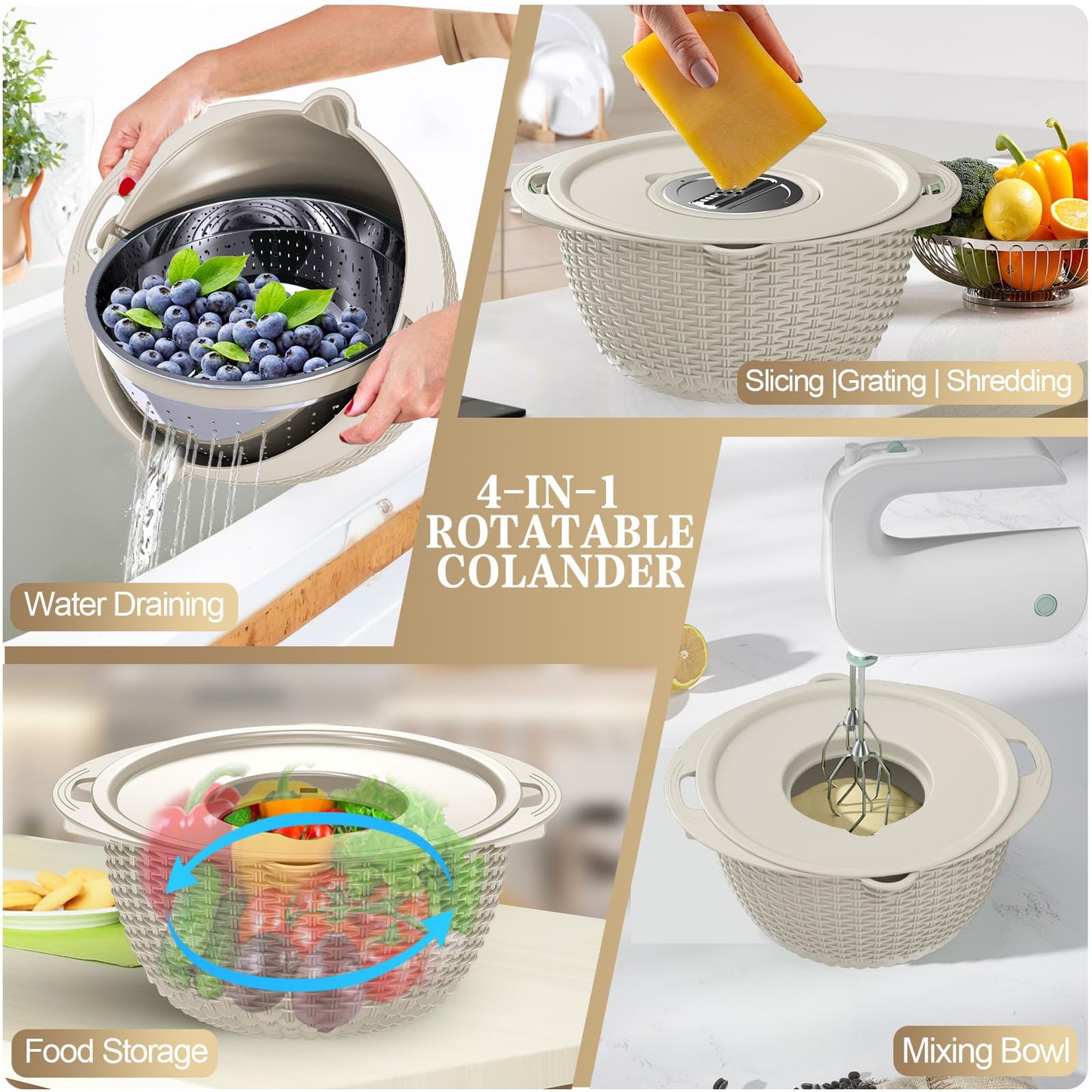 4-1 Colander with Bowl Set - Rotatable Colander for Kitchen (Patented), Upgraded Graters Food Strainers for Pasta Fruits and Vegetables, Funny Presents for Women, Aesthetic Kitchen Gadget - Beige