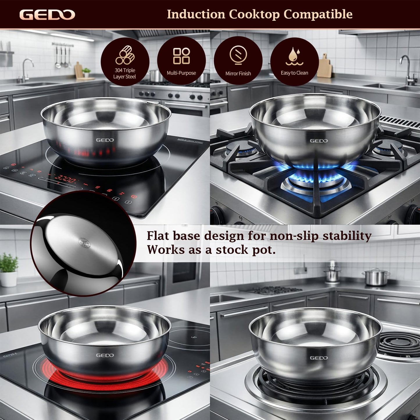 GEDO Triple-Layer 304 Stainless Steel Mixing Bowl, All Stovetop Compatible Deep Large Capacity Bowl with Non-Stick Mirror Polished Interior for Kneading Dough, Baking, Cooking (11in / 28cm)