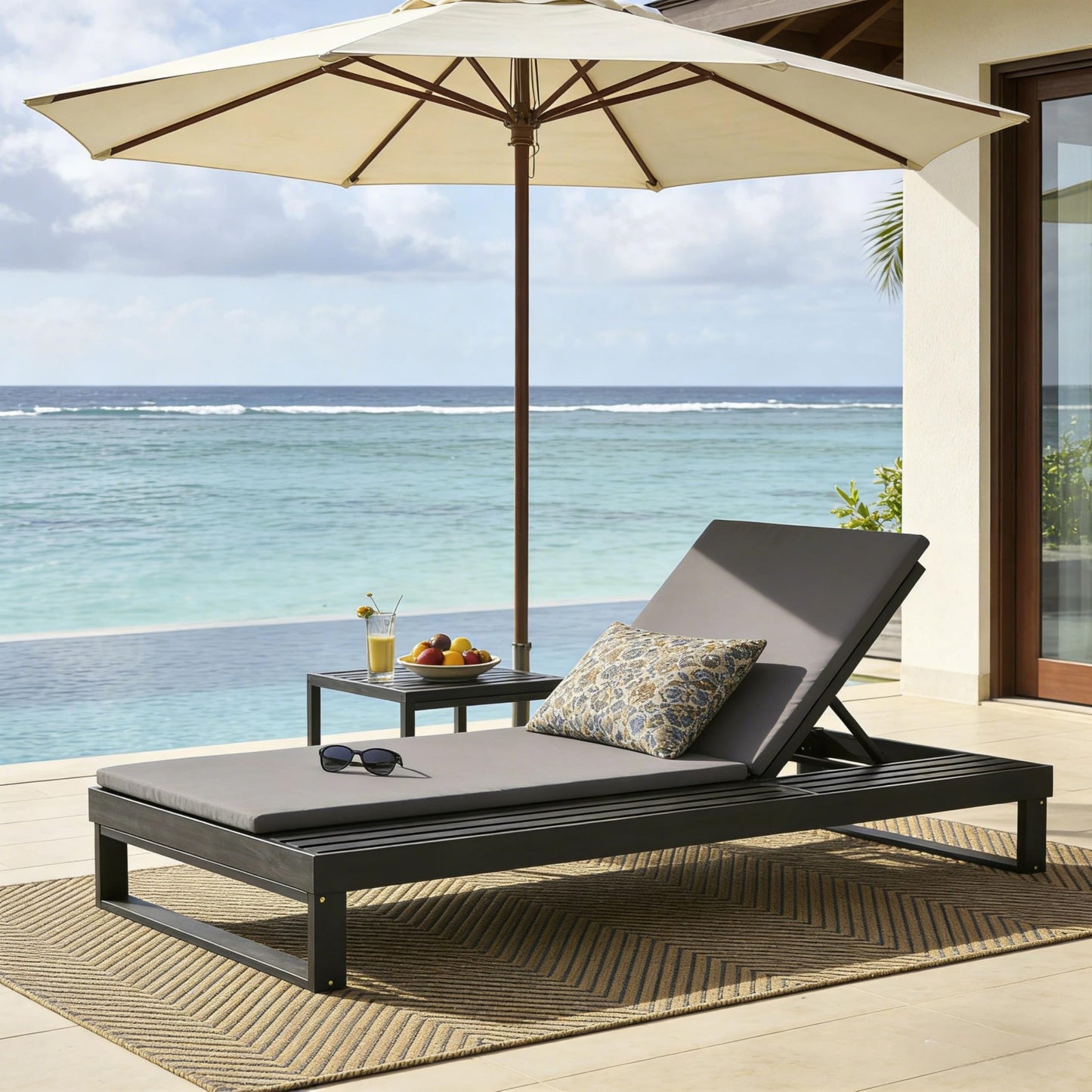 Merax Black Acacia Wood Chaise Lounge with 1.57-Inch Dark Gray 2-Fold Cushion Set, 4-Position Adjustable with Flat Side Surface, for Poolside