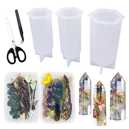 Woohome Crystal Tower Resin Moulds, 3 PCS Large Crystal Point Jewelry Epoxy Resin Silicone Moulds with 2 Pack Dried Flowers, Scissors, Tweezers for DIY Resin Flowers Crystals, Home Decors