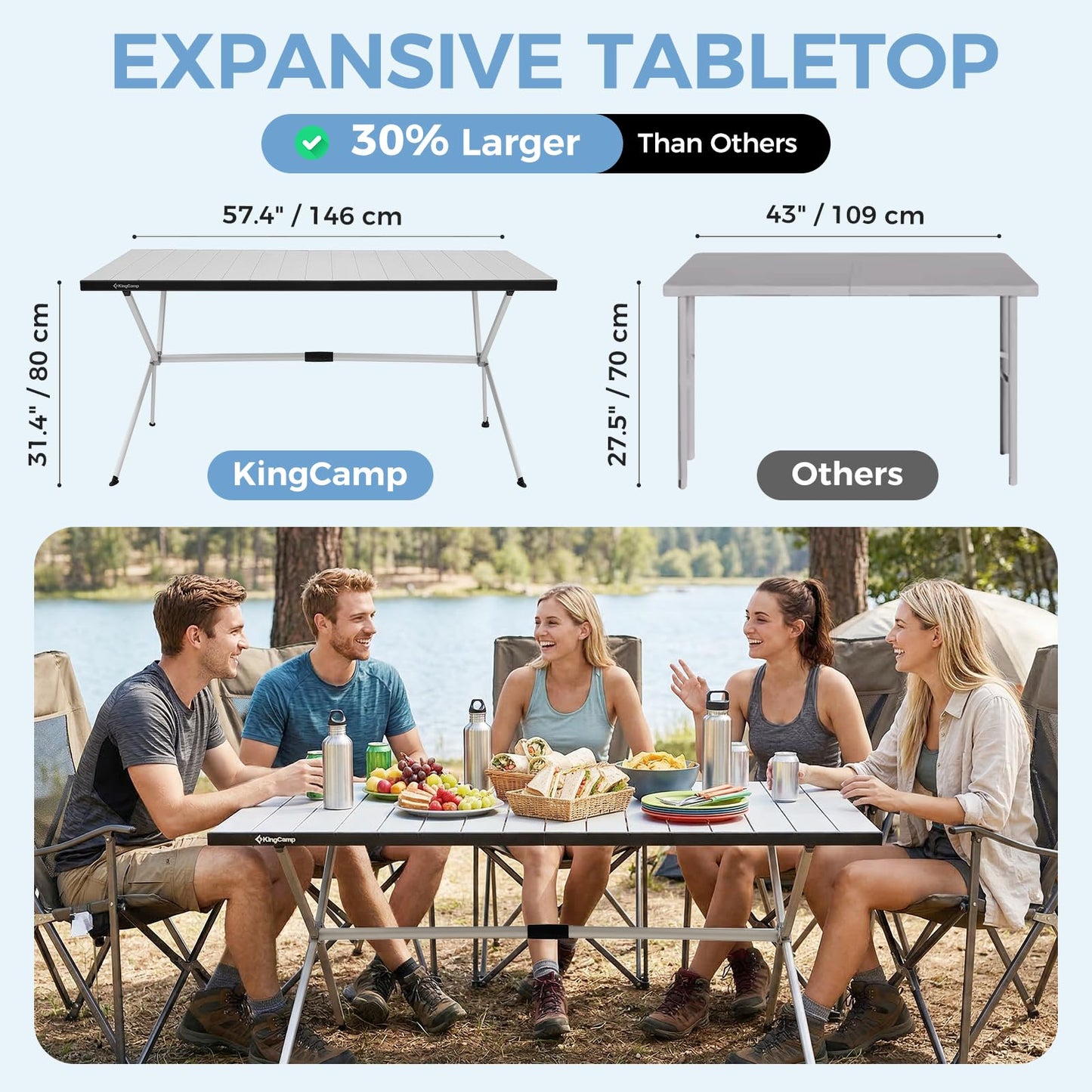 KingCamp Large Folding Camping Table Aluminum Roll Up Table Oversized Camp Table Stable Portable Outdoor Folding Table for Picnic Camping BBQ Backyard Party, 57.4''×31.4'' 6-8 Person,Support 176lbs