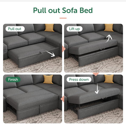HONBAY Modular Sectional Sleeper Sofa Bed, with Pull Out Bed, Linen Convertible Sectional Couches for Living Room - Dark Grey