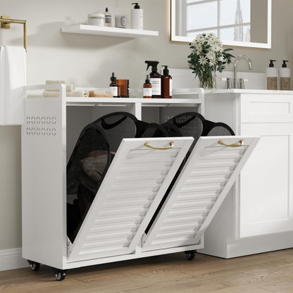 100L Dual Laundry Hamper with Wheels, Metal Rolling Laundry Cabinet with 2 Compartments and Removable Bags, Hidden Design
