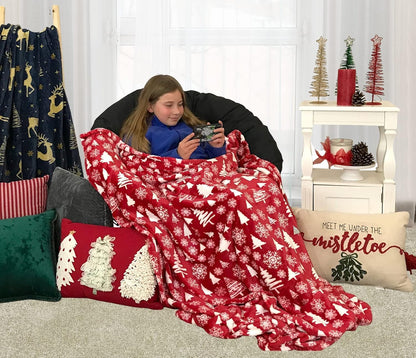 Winter Christmas Holiday Fleece Throw Blanket: Velvety Soft Forest Tree and Snowflake Design, Accent for Couch Bed