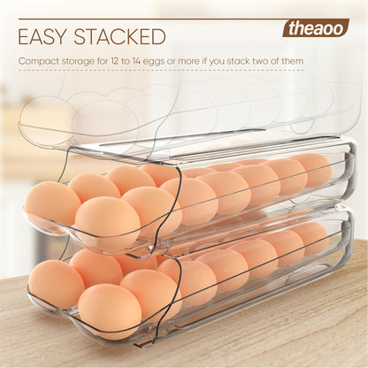 theaoo Egg Holder for Fridge, Automatic Rolling Egg Container for Refrigerator, Clear Plastic Egg Dispenser, Stackable Eggs Organizer with Quick Removable inner Tray For Organizers and Storage, 1Pack