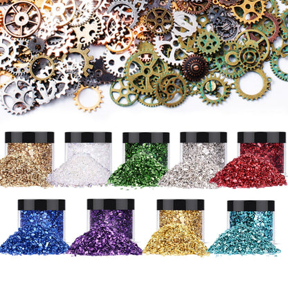 9 Box Broken Crushed Glass Glitter, with 100 g Steampunk Gears,6.4oz/180g Irregular Shards Metallic Crystal Chips 2-4mm Chunky Flakes Sequins Gravel for Epoxy Resin Craft Supplies G009