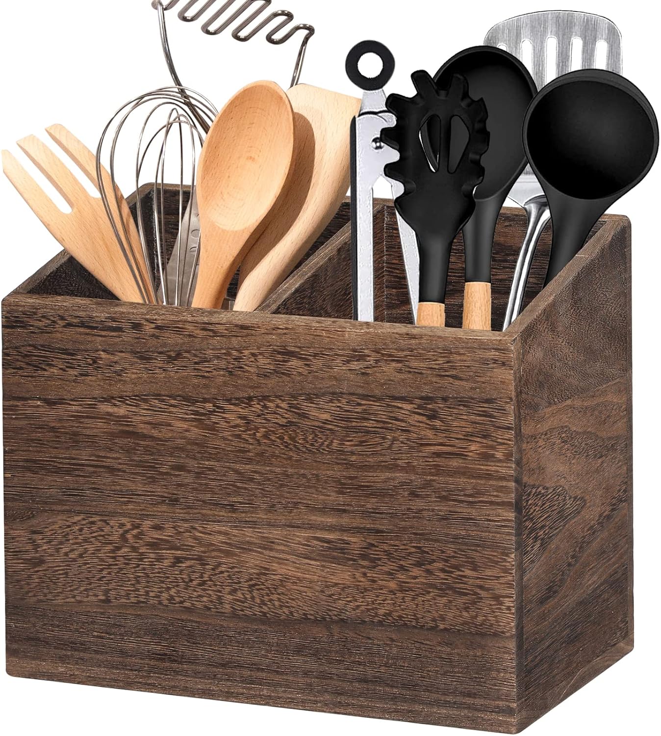 Wooden Kitchen Utensil Caddy with 2 Compartments, Rustic Holder for Kitchen Countertop, Wood Organizer Box