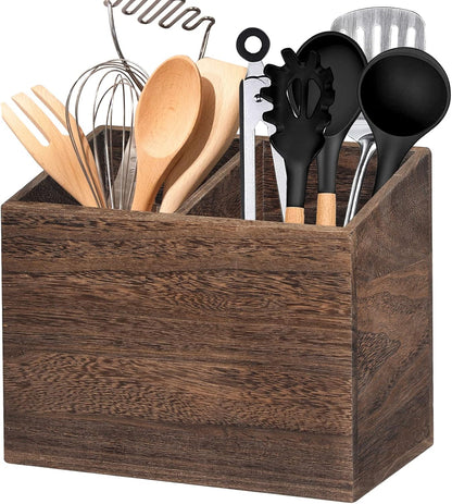 Wooden Kitchen Utensil Caddy with 2 Compartments, Rustic Holder for Kitchen Countertop, Wood Organizer Box
