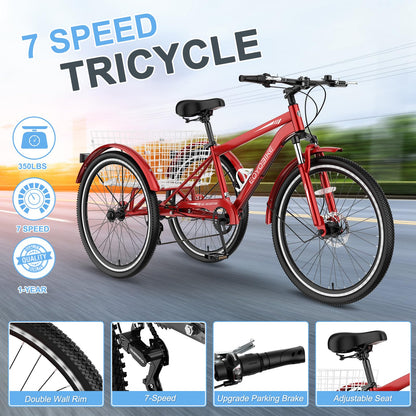 Slsy Adult Mountain Tricycle, 7 Speed Three Wheel Bike, 24/26 Inch Adults Trikes for Seniors with Shopping Basket, Exercise Men's Women's Tricycles