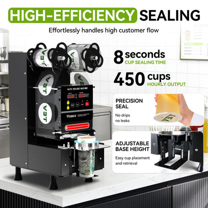 Vtsmax Automatic Cup Sealing Machine 90/95mm, 500-700 Cups/H Electric Cup Sealer with Counting LCD Panel for Bubble Tea, Milk, Juice, Coffee and Boba Shop etc. (Black)