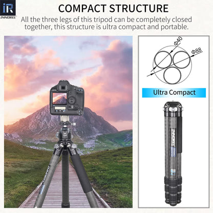 INNOREL KT404C Compact 10-Layer Carbon Fiber Camera Tripod 40mm Big Tube Professional Tripod for Digital DSLR Video Camcorder Heavy Duty Camera Stand Load 77lb/35kg with Center Column