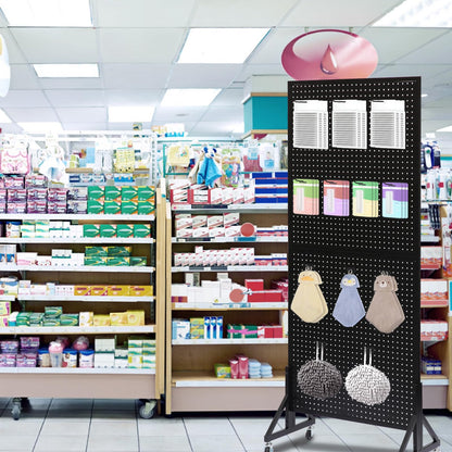Eastern Tree 2.5'x 6' Metal Pegboard Display Stand with T-Base, Black Peg Board Panels Display with Casters, Standing Pegboard Display, Retail Display Stand, Extra 10 Pieces Hooks, Black