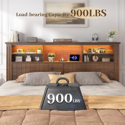 EnHomee King Size Bed Frame with 4 Storage Drawers and Headboard,LED Lights & Charging Ports,No Box Spring Needed for Big House,Noise-Free,Wooden,Brown