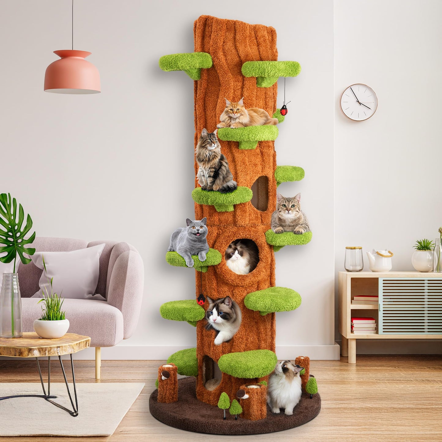 KAMABOKO 91" Tall Cat Tree for Indoor Cats - Large Cat Tower with 6 Luxury Cat Condo, Soft Cushion, Scratching Board, Plush Platform & Top Perch, Magic Forest Series, Green