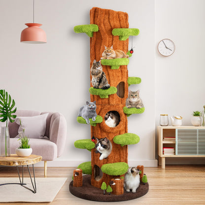 KAMABOKO 91" Tall Cat Tree for Indoor Cats - Large Cat Tower with 6 Luxury Cat Condo, Soft Cushion, Scratching Board, Plush Platform & Top Perch, Magic Forest Series, Green