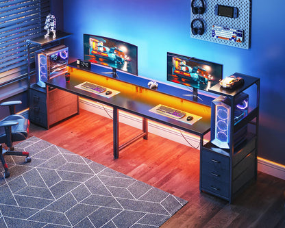 AODK 59 Inch Gaming Desk with LED Light- Reversible Computer Desk with Storage Shelves & Monitor Stand, Modern Gamer Desk Table with Fabric Drawers, Black