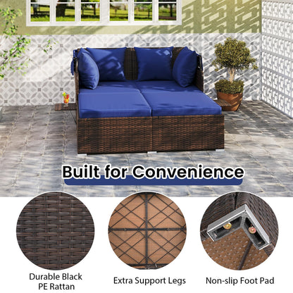RELAX4LIFE Patio Outdoor Daybed with Canopy, Wicker Rattan Sunbed w/Cushions, 4 Pillows & 2 Retractable Side Trays, 2-Person Lounge Bed Conversation for Poolside Porch Garden (Mix Brown-Navy)