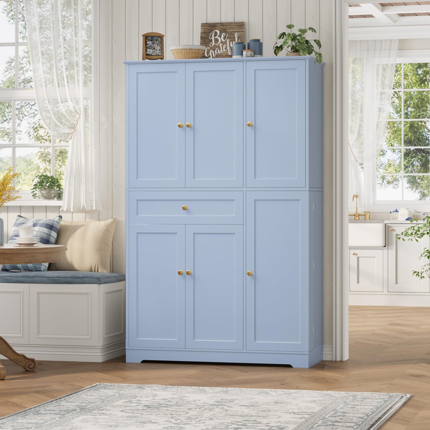 HOSTACK 68" Tall Kitchen Pantry Storage Cabinet, Modern Kitchen Hutch Cabinet with Doors and Shelves, Freestanding Food Pantry with Large Storage Drawer for Dining Room, Living Room, Light Blue