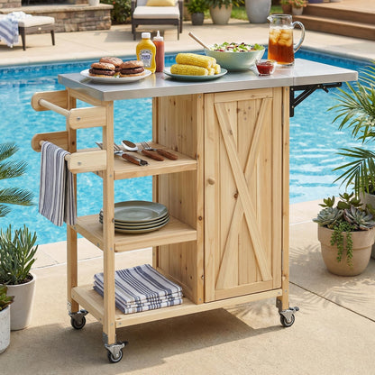 Foldable Outdoor Kitchen Island Cart with Stainless Steel Top, Rolling Grill Table with Storage Cabinet Shelves and Double Towel Rack, Wooden BBQ Prep Station with Lockable Wheels for Patio, Natural