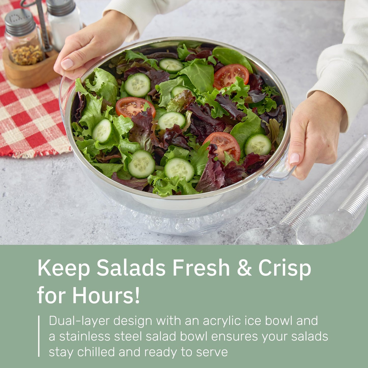 Useful Co. 5QT Salad Bowl Set on Ice - Large Salad Bowl with Lid & 2 Servers - Chilled Tray for Cold Food, Party Buffet - Serving Bowl with Ice Tray Base for Gatherings