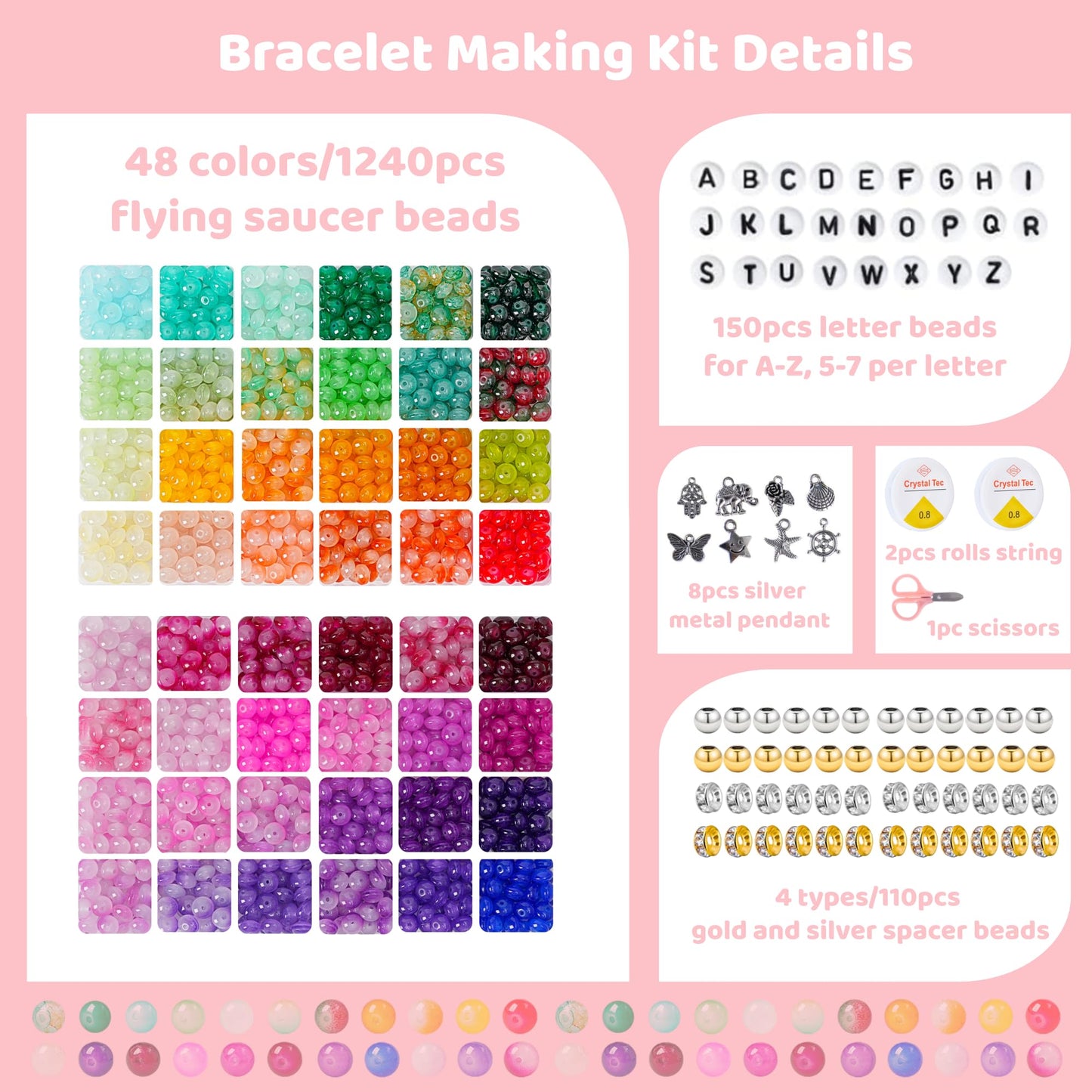 1500 Pieces 5 * 8mm Abacus Glass Beads for Jewelry Making,48 Colors Special Glass Beads Friendship Beads for Bracelet Necklaces Making and DIY Crafts,Great Gifts for 6-Year-Old Girls