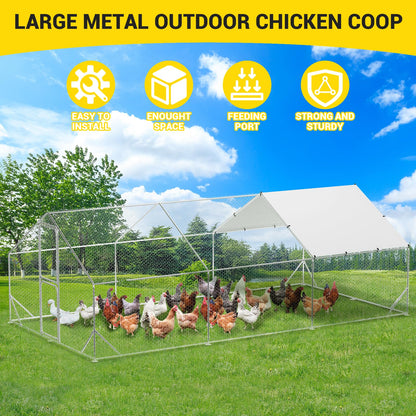 19.7' L x 9.8' W x 6.6' H Large Metal Chicken Coop, Outdoor Chicken Run with Cover and Double Door for Backyard Farm Yard
