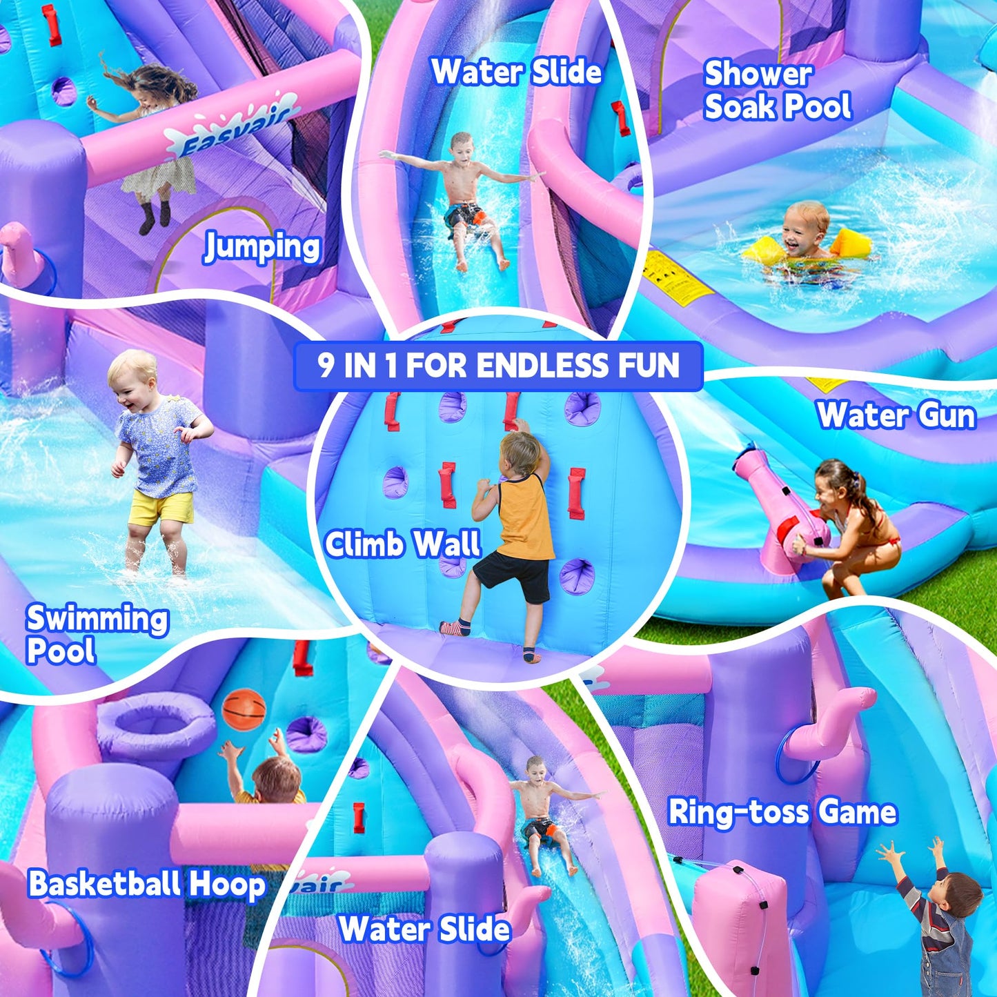 Easyair Inflatable Bounce House Water Slide Combo, Blow Up Water Slides for Backyard, Kids Jumper with Climbing Wall, Basketball Hoop, Splash Pool with Blower