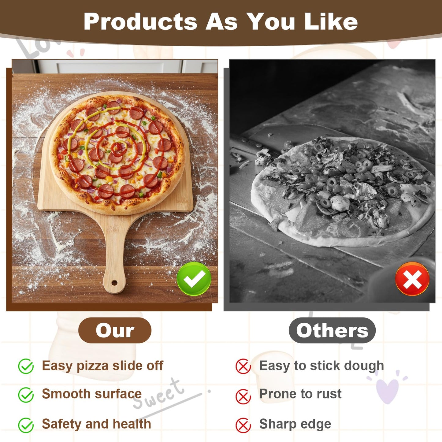 Afcabakila 2 Pcs Bamboo Pizza Paddle, 12 Inch Wooden Pizza Peel with Non-slip Handle for Oven Baking, Serving Board for Baking Homemade, Wood Cutting Board for Cheese Bread Fruit Vegetables