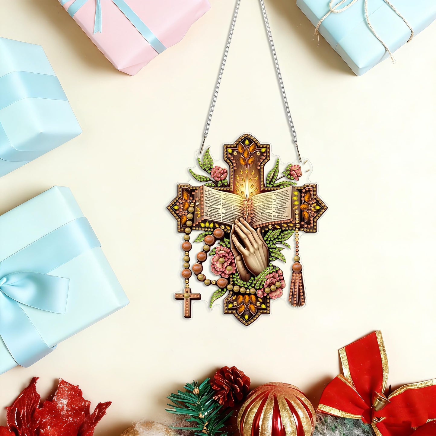 LPDJITO Religious Pray Hanging Diamonds Art kit for Adult, Cross Flowers Pendant Diamonds Painting Art Kit, Acrylic Diamonds Painting Board Kit Ornament, Special Crystal Diamond Hanging Ornament