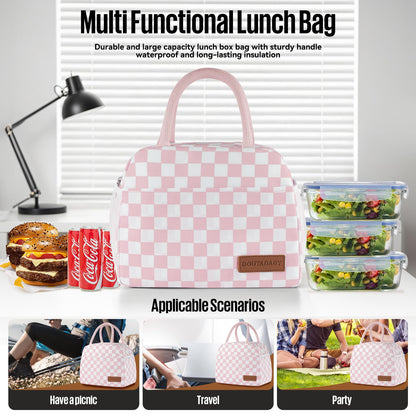 douyadady Lunch Bag Women/Men Lunch Box Women/Men (Pink+White Checkerboard)
