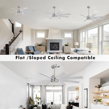 WINGBO 72" Large DC Ceiling Fans without Lights, 3 Downrods, 8 Plywood Blades, 6-Speeds Reversible DC Motor, Indoor Ceiling Fan No Lights for Bedroom Living Room Patio, Brushed Nickel and Silver