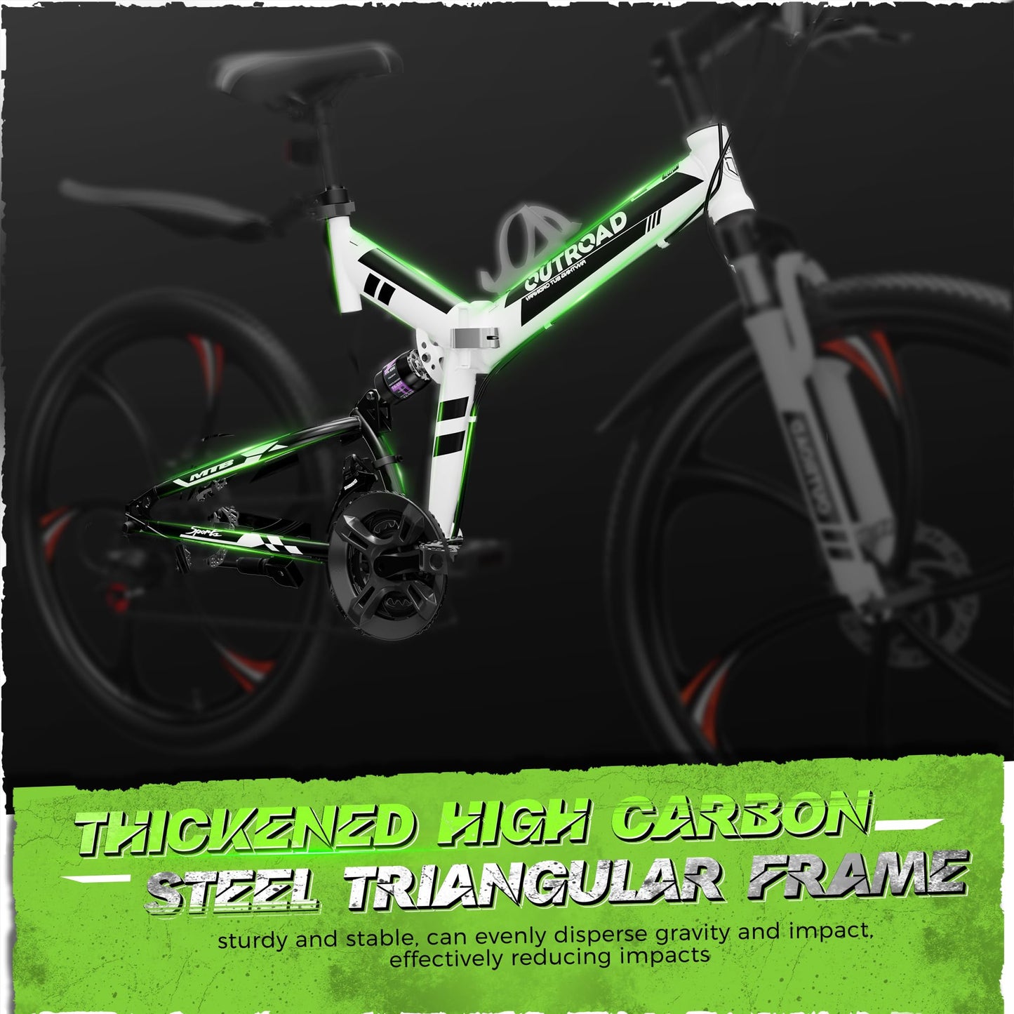 Outroad 26 Inch Folding Mountain Bike, 21 Speed Dual Disc Brake Non-Slip Folding Bikes, Full Suspension High-Carbon Steel MTB Foldable Bicycle for Adults/Women/Men, White