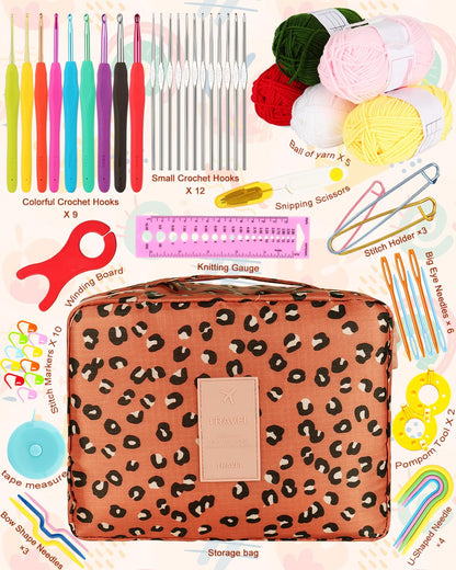 Coopay Crochet Kit Beginners Crochet Hook Set with Crochet Yarn,58PCS Portable Crochet Set Ergonomic Crochet Hooks Travel Knitting Crochet Supplies