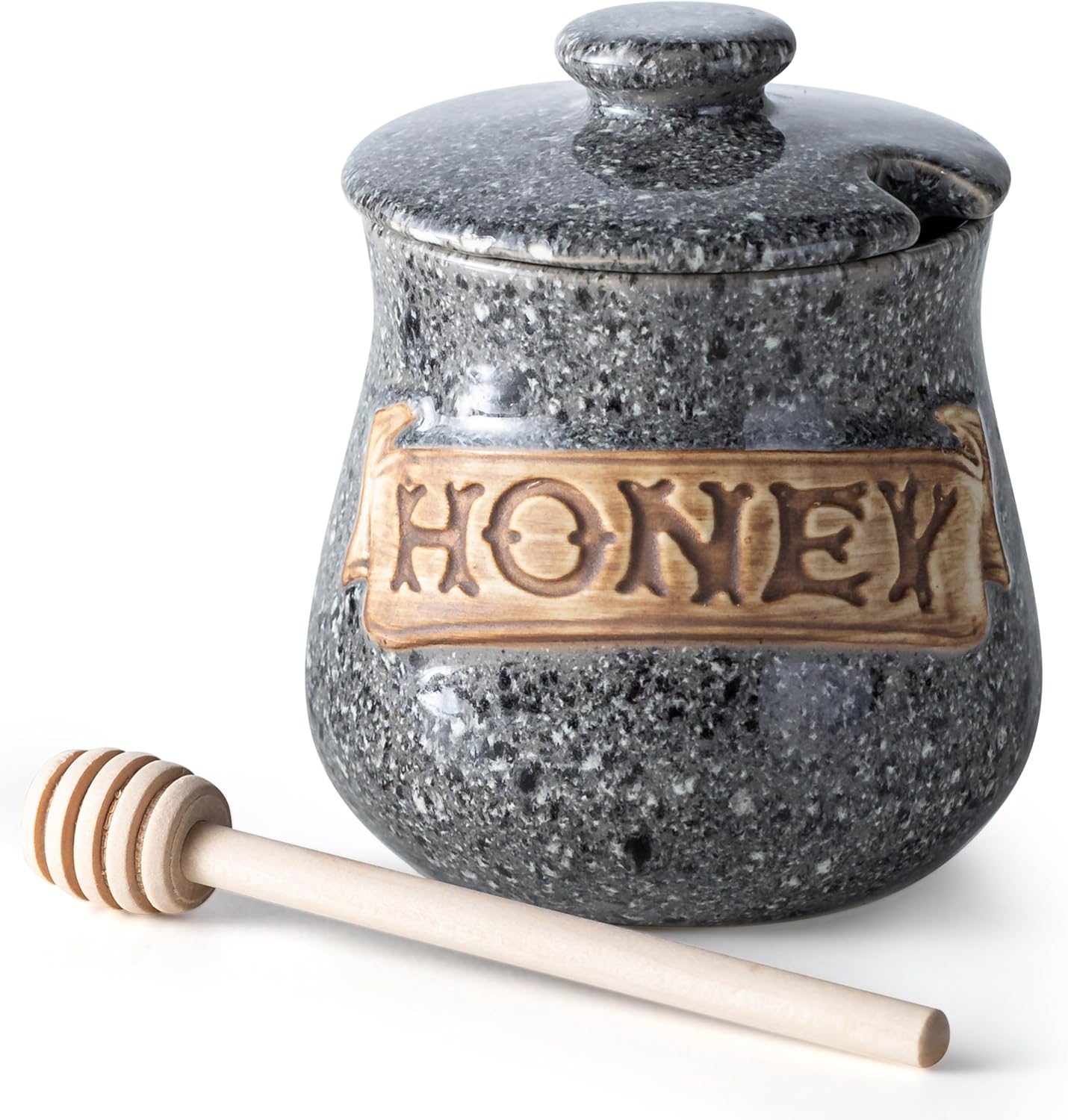 12oz Honey Jar, Honey Pot, Honey Dispenser Grey Ceramic Honey Jar with Wood Dipper & Lid Multi-Use for Fruit Syrup/Jam