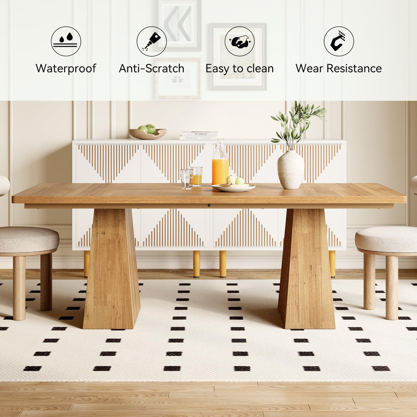 LITTLE TREE Dining Table for 6 People, Wooden Dining Table, Rectangle Table with Heavy Duty Legs, Modern Dining Table for Kitchen, Dining Room, Light Brown