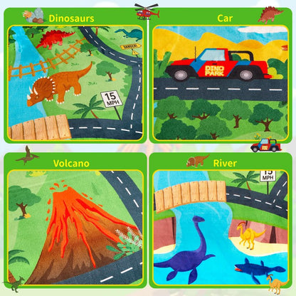 Car Rugs for Kids Toy,78.7"X59" Dinosaur Road Rugfor Kids,Non Slip Dino Safari Cars Track Rug,Washable Kids Carpet Playmat Rug for Playroom Bedroom Boys,Track Play Carpet for Kid