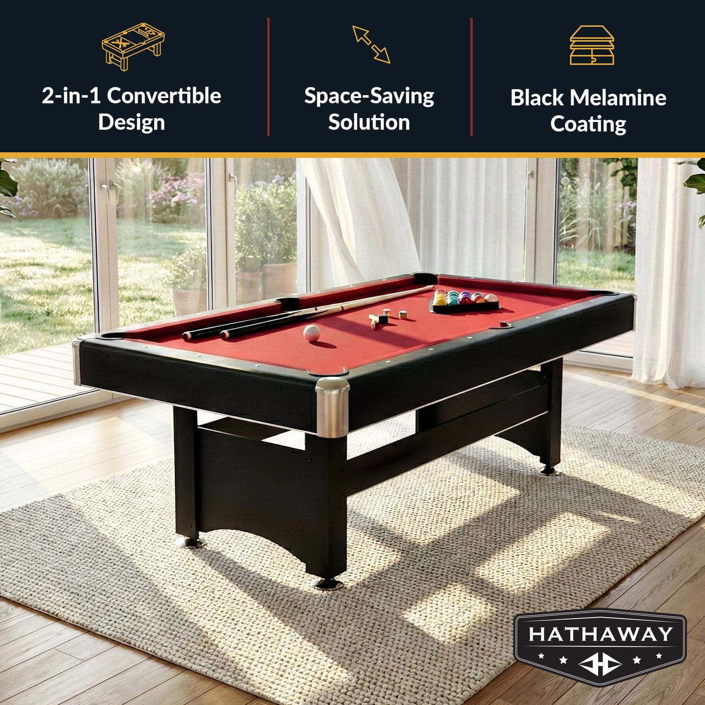 Hathaway Spartan 2-in-1 6ft Pool Table with Ping Pong Top for Game Room – With Red Felt, Engineered Wood Frame, Drop Pockets, Cues, Balls, Triangle, Chalk, Net, Paddles, Balls – Black Finish