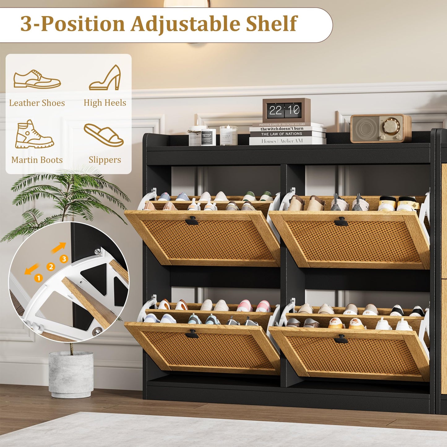 Garvee Shoe Storage Cabinet with 4 Deep Flip Drawers, Wood Shoe Cabinet with Rattan Doors and Adjustable Shelves- Freestanding Shoe Organizer for Entryway, Hallway (Black, 4 Drawers- 2PCS)