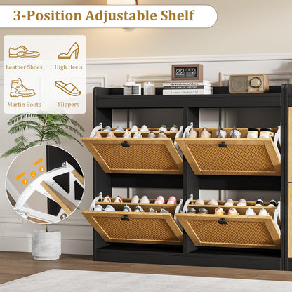 Garvee Shoe Storage Cabinet with 4 Deep Flip Drawers, Wood Shoe Cabinet with Rattan Doors and Adjustable Shelves- Freestanding Shoe Organizer for Entryway, Hallway (Black, 4 Drawers- 2PCS)