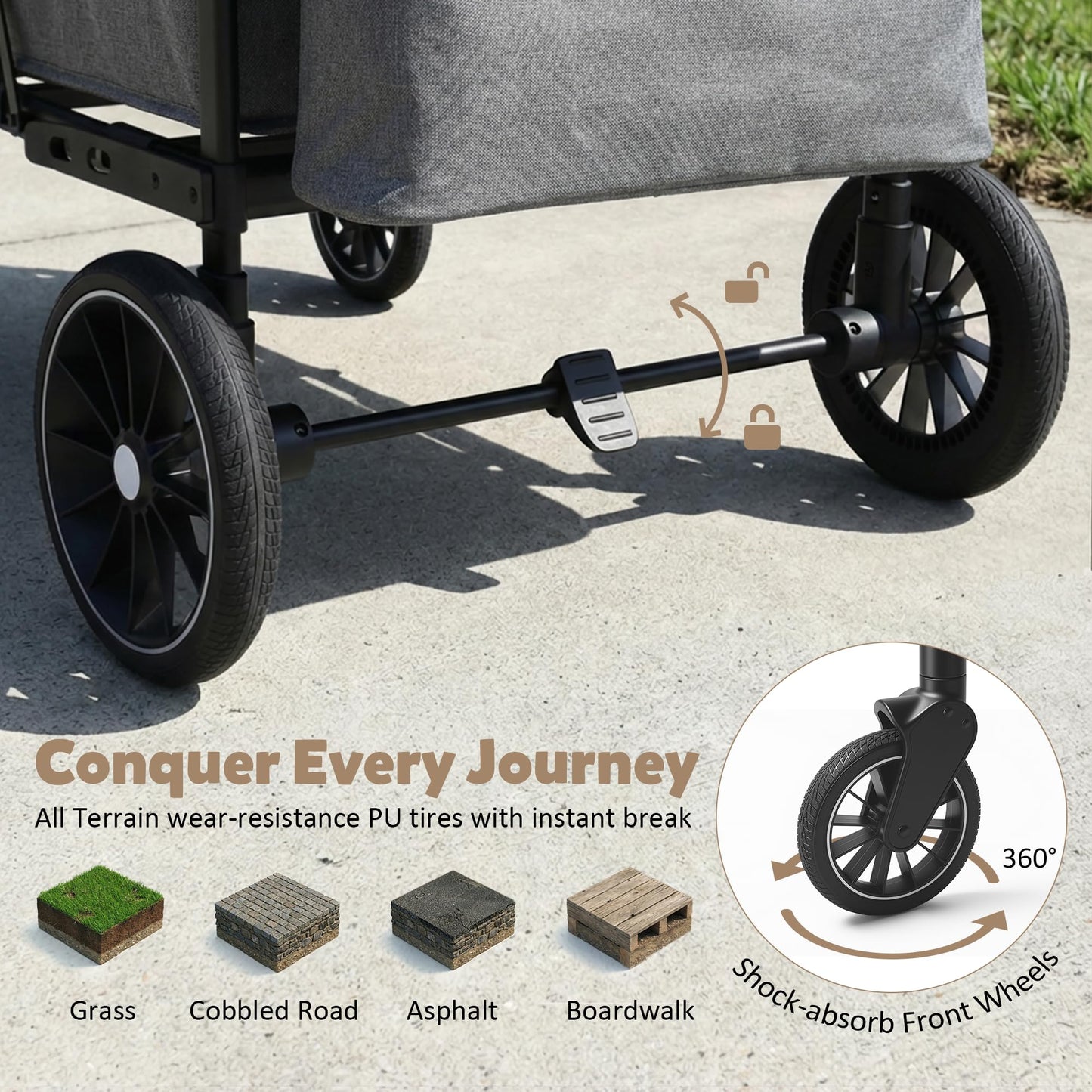 TODEFULL Wagon Stroller for 4 Kids, Foldable Kids Wagon Cart Featuring with Harnesses, Adjustable Double Push Handle, Removable Canopy, Snack Tray, Large Storage Bag