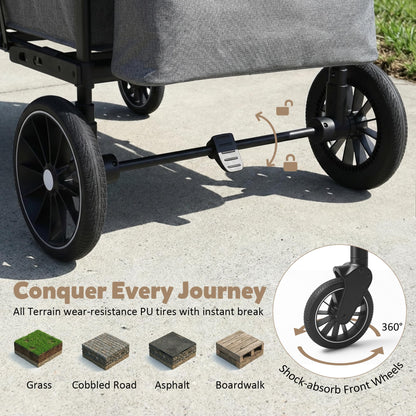 TODEFULL Wagon Stroller for 4 Kids, Foldable Kids Wagon Cart Featuring with Harnesses, Adjustable Double Push Handle, Removable Canopy, Snack Tray, Large Storage Bag