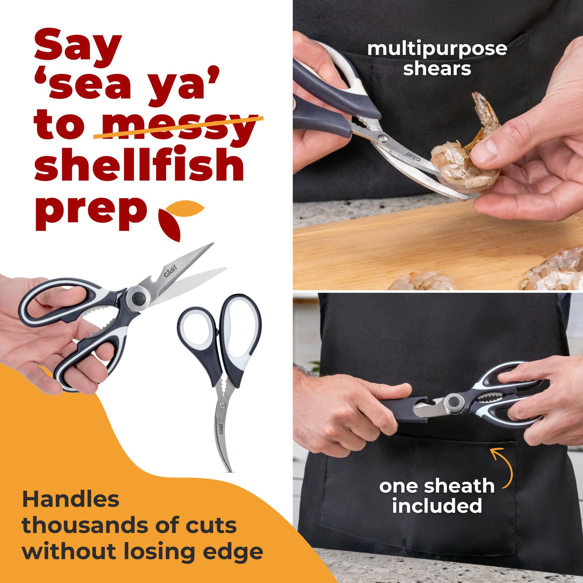 Kitchen Shears by Gidli - Liftime Replacement Warranty* - Includes Seafood Scissors As a Bonus - Heavy Duty Utility Stainless Steel All Purpose Ultra Sharp Scissors for Food/Cooking