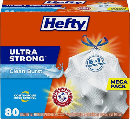 Hefty Ultra Strong 13 Gallon Trash Bags - Drawstring Closure & Odor Control | 80 Count, White Clean Burst Scent