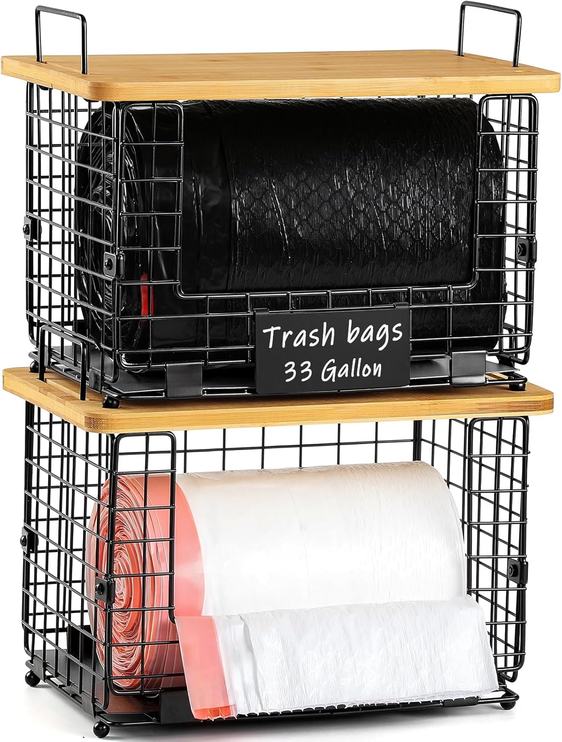 1 Pack Counter Stackable Storage Trash Bag Baskets with Bamboo Top, Large & Standard Trash, Garbage Bag Holder