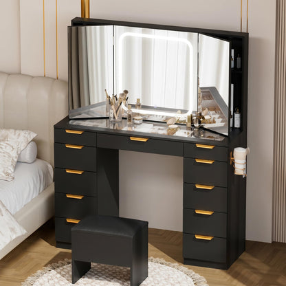 Fkhouse Glass Top Vanity Desk with Foldable Mirror and Lights, 11 Drawers Makeup Vanity with Charging Station, 3 Lighting Modes Dressing Table with Chair, Black
